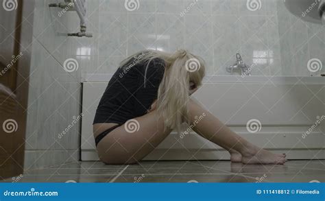 Upset Hot Blonde Teenager Female Wearing Thong Crying In The Bathroom