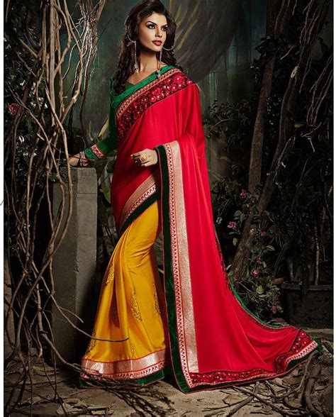 Red And Yellow Half And Half Sari Party Wear Sarees Online Red