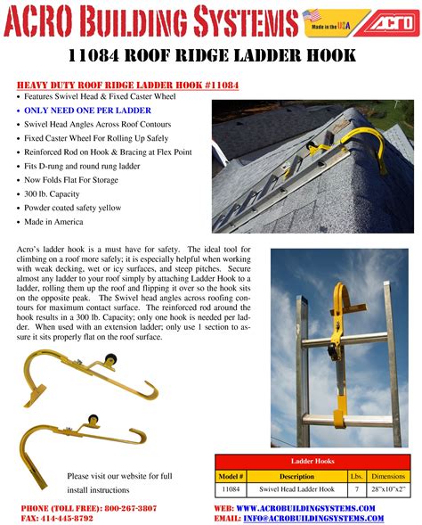 Acro 11084 Heavy Duty Roof Ridge Ladder Hook With Fixed Wheel And Swivel