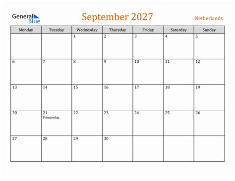 Free September 2027 Netherlands Calendar