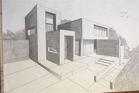 A Drawing Of A House With Stairs Leading Up To It