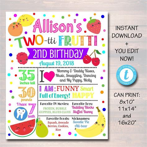 2 year old birthday party locations. Two-tti Frutti Birthday Milestone Poster, Girls Toddler 2 ...