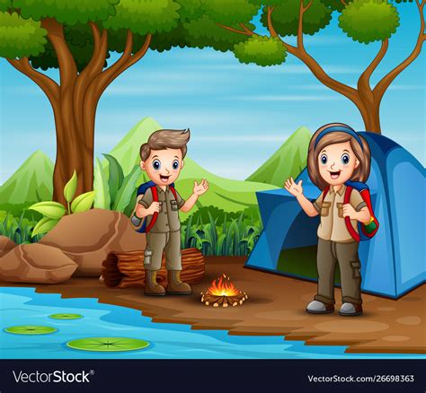 Cartoon Boy And Girl Scouts At Camp Royalty Free Vector