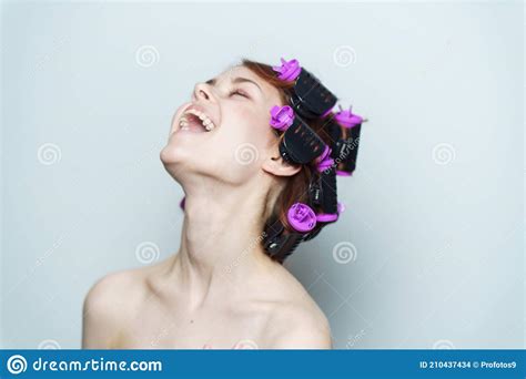 Pretty Woman With Curlers On Her Head Hairstyle Naked Shoulders Makeup Stock Photo Image Of