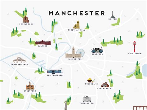 Manchester Map Illustrated Map Of Manchester Print Travel Etsy Uk