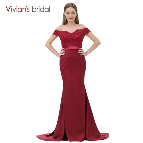 Burgundy Lace Satin Mermaid Evening Dress Off Shoulder Strapless Formal Evening Gown Vivians
