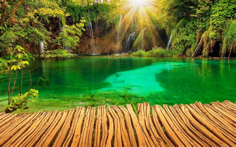 Croatia Parks Lake Waterfall Plitvice Rays Of Light Nature