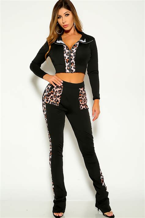 Sexy Black Leopard Print Long Sleeve Zipper Pants Track Suit Lounge