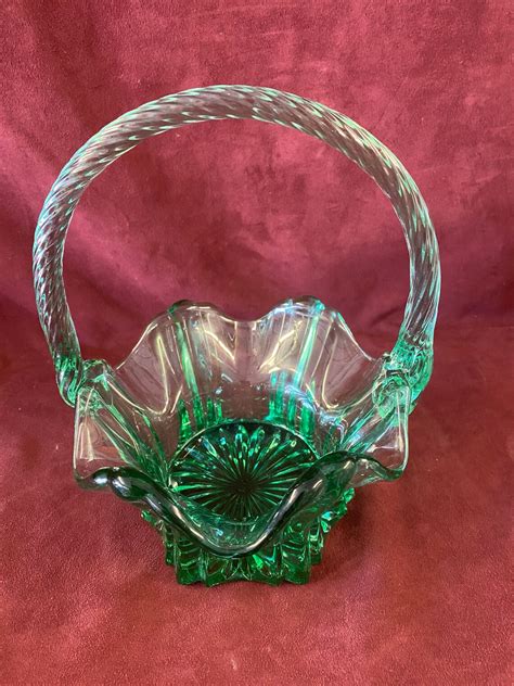 Vintage Fenton Green Glass Basket With Applied Twisted Handle Etsy