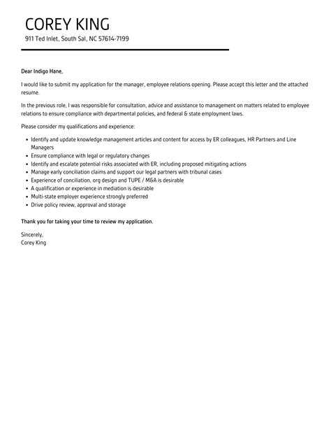 Manager Employee Relations Cover Letter Velvet Jobs