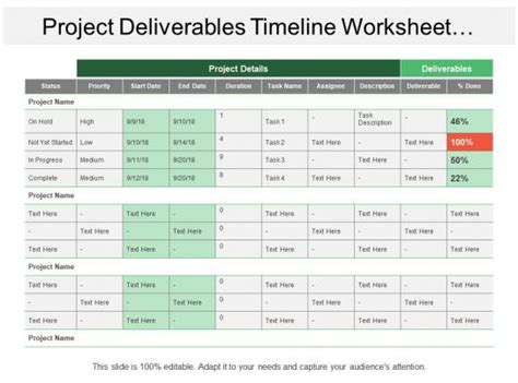 Project Deliverables Timeline Worksheet Showing Project Status And