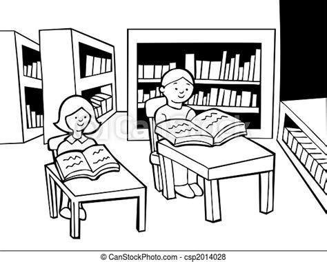 Children Library Reading Line Art Boy And Girl Sitting At Desks In A