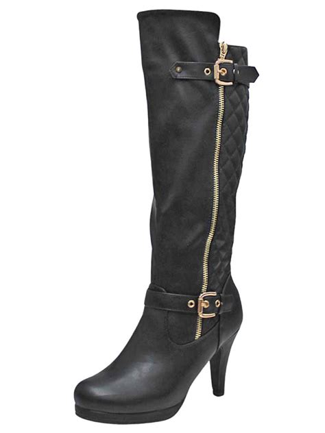 Black Tall Quilted High Heel Boots For Women Size 55