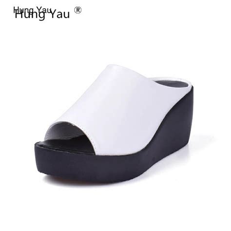 Hung Yau Women Sandals 75cm Platform Wedges Womens Shoes Thick Heel Peep Toe Sandals Leather