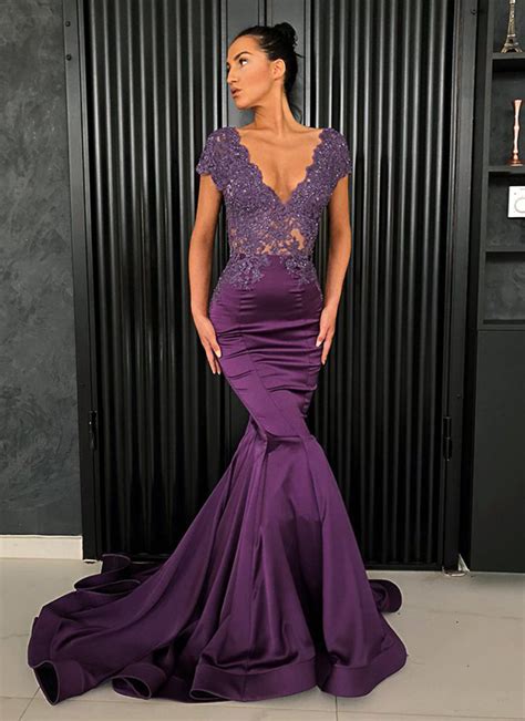 Purple Satin Cap Sleeve V Neck Long Lace Mermaid Formal Dress Evening Dress Mermaid Evening