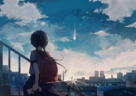 Hd Wallpaper Anime Girl School Uniform Back View Clouds Buildings