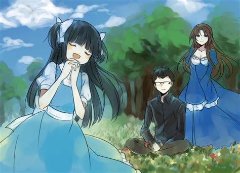 Two Anime Characters Sitting In The Grass With Trees Behind Them And One Is Holding Her Nose