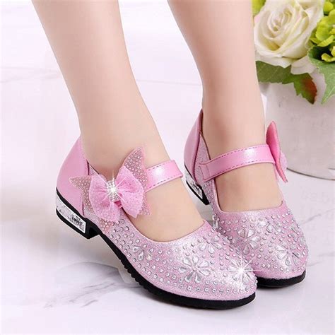 Pink Glitter Shoes For Girls Princess Wedding Crystal Shoes Bow Block