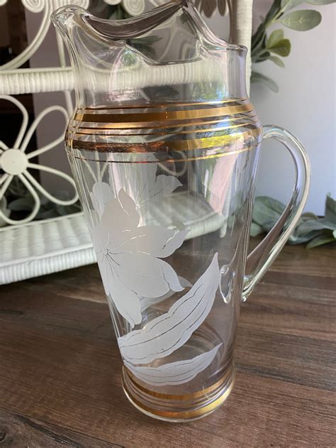 Vintage Etched Glass Pitcher With Gold Trim Etsy