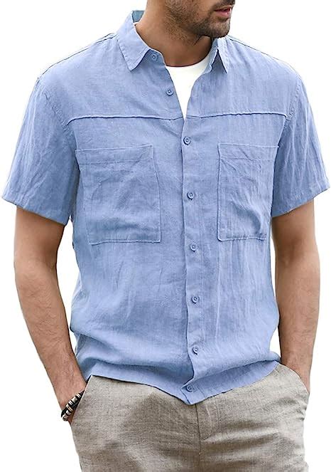 Camisas de lino para hombre casual de verano de manga corta de algodón con cuello redondo liso