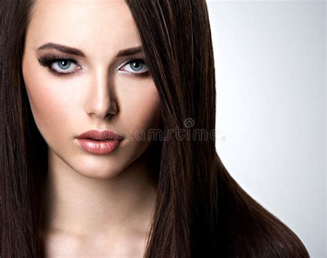 Portrait Of Beautiful Woman With Long Straight Brown Hair Stock Image