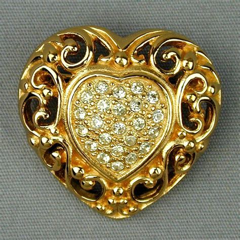 Vintage Christian Dior Crystal Rhinestone Heart Pin Brooch From