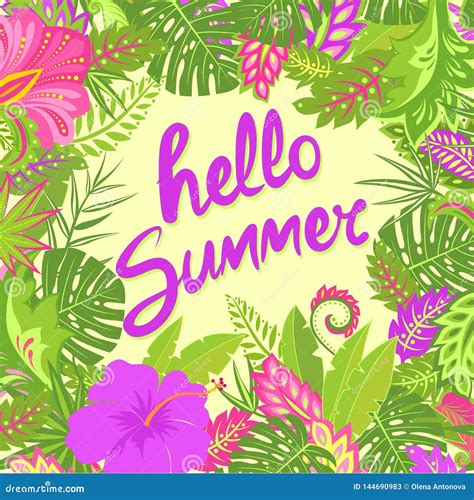 Summer Greeting Card With Hello Summer Lettering Tropical Leaves