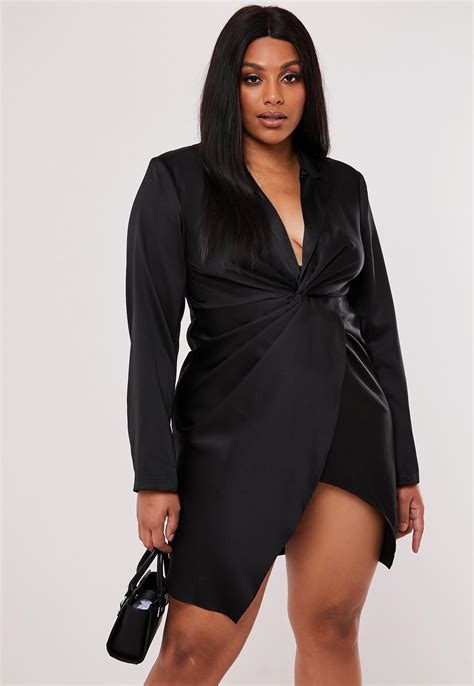 Plus Size Black Satin Twist Front Blazer Dress Missguided