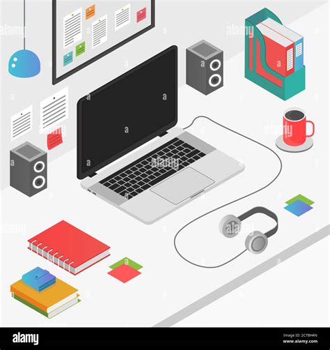 Flat 3d Isometric Workspace Concept With Laptop Vector Illustration