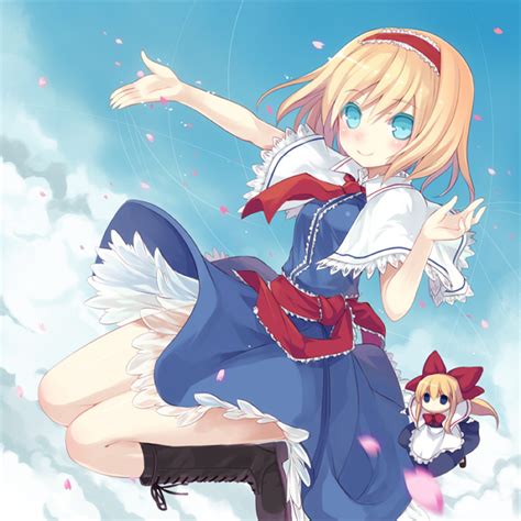 Safebooru Alice Margatroid Apron Arms Up Blonde Hair Blue Dress Blue Eyes Blue Sky Boots Bow