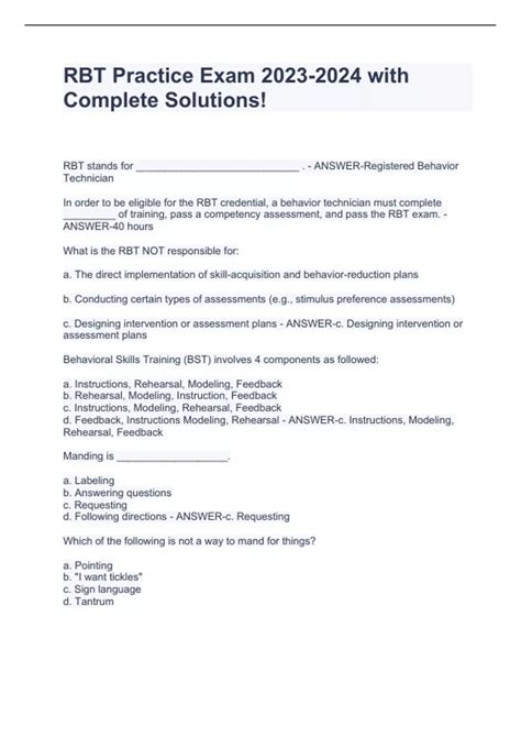RBT Practice Exam with Complete Solutions! - RBT - Stuvia US