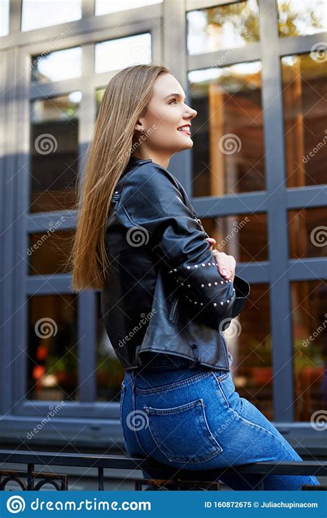 Face Portrait Of Attractive Woman In Black Leather Jacket Stock Image