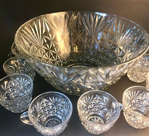 Large Vintage Cut Glass Punch Bowl And 9 Cups Set Anchor Etsy
