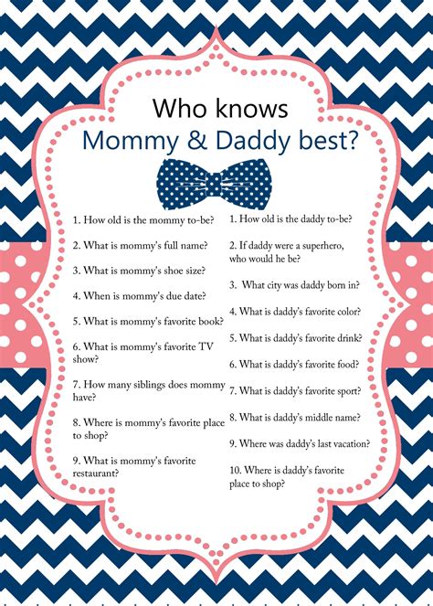 Or, perhaps your group is more interested in baby shower craft activities over the traditional baby shower game. Who Knows Mommy & Daddy Best Game Cards ( set of 6 )