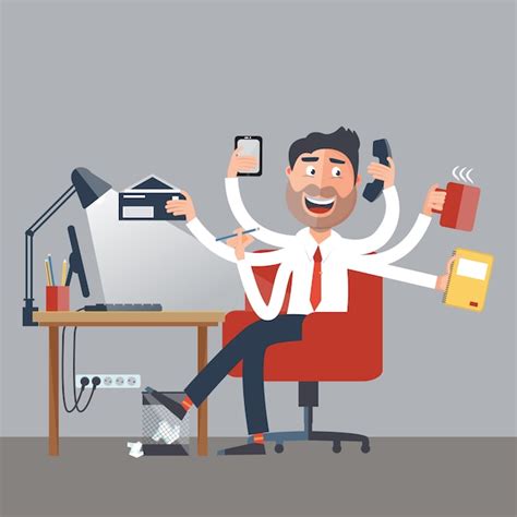 Premium Vector Multitasking Business Man At Work In Office Happy Man