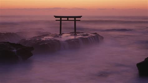 1920x1080 Fog Sea Japan Rocks Gates Coolwallpapersme