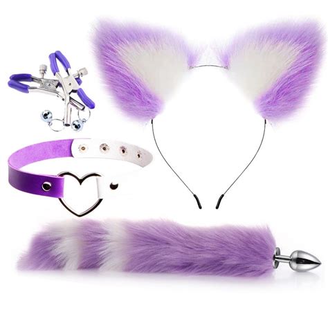 cute fox tail anal plug cat ears headbands set adult games nipple clip neck collar erotic