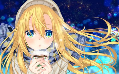 Aqua Eyes Blonde Hair Blush Close Drink Hanata Hat Long Hair Rachel Gardner Satsuriku No Tenshi