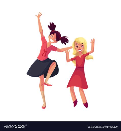 Two Girls Dancing At Party Blue Dress Teenager Vector Image