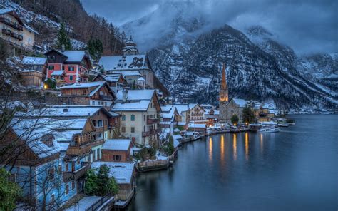 City Mountain Mist Sea Overcast Snow Winter Austria Hallstatt