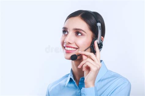 Woman Customer Service Worker Call Center Smiling Operator With Phone Headset Stock Photo