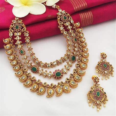 Premium Dark Green Kundan Jewellery Necklace Set With Meena High Gold