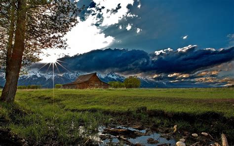 Nature Landscapes Rustic Mountains Sky Clouds Sunrise Sunset Trees Barn