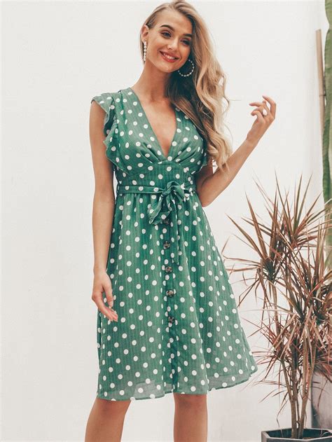 Simplee Polka Dot Print Ruffle Trim Belted Tea Dress Ruffle Summer