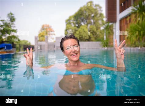 Mature Beautiful Scandinavian Tourist Woman In Swimming Pool Stock Photo Alamy