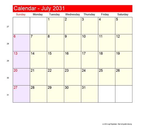 July 2031 Roman Catholic Saints Calendar