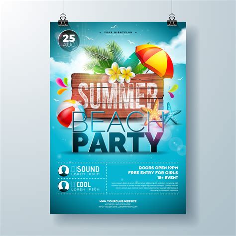 Vector Summer Beach Party Flyer Design With Flower Palm Leaves And
