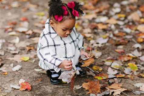 A Little Girl Picking Up Falling Leaves From The Ground In A Park By