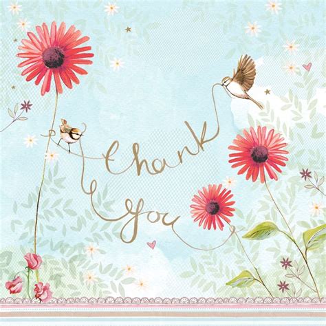 A Thank You Card With Pink Flowers And Birds In The Sky On A Blue