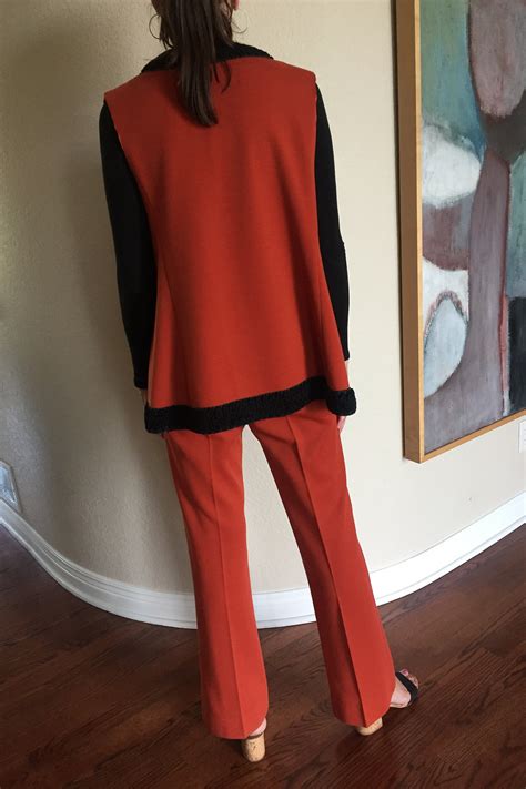 Vintage Modern Orange Knit Pant Suit Vest Pants Faux Fur Trim Etsy